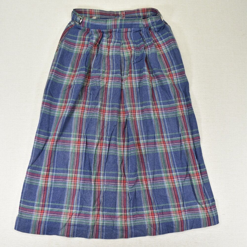 Vintage Orvis Plaid Midi Skirt Blue Red Tartan Pleated Made in USA Women's 12